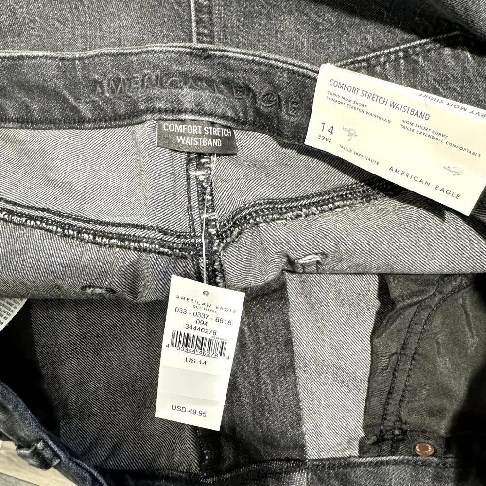 NWT American Eagle Curvy Mom Short Size 14 / 32W Black Denim Cuffed Stretch - Picture 8 of 11